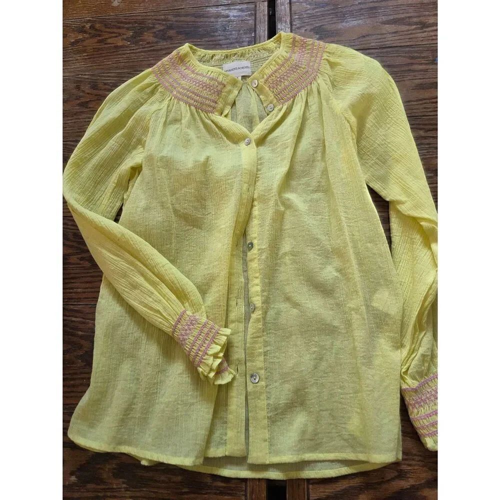 Maria de la Orden gauzy yellow&pink Smocked neck button down shirt sz Small